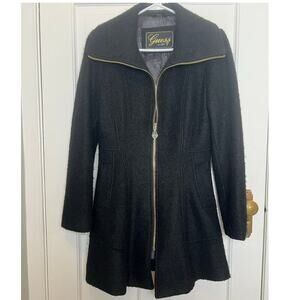 Guess Women's M Long Wool Coat Black Zip Up Tailor Fit Swing Jacket Gold Trench